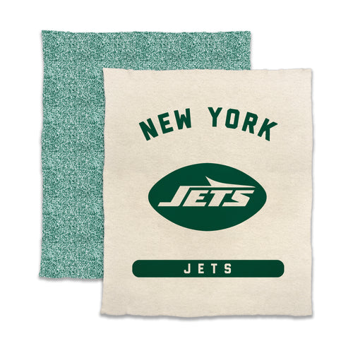 New York Jets Luxe Prime Dreams throw blanket by Logo Brands with Jets logo, soft fabric, and team colors.