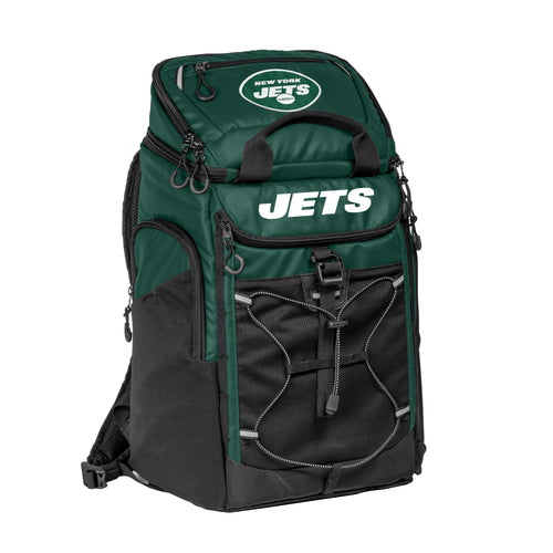 New York Jets 26 Can Backpack Cooler by Logo Brands, black and green insulated cooler with adjustable straps and Jets logo.