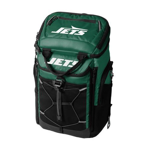 New York Jets 26-can backpack cooler by Logo Brands, insulated cooler bag with team logo and adjustable straps.
