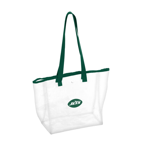 Clear tote bag featuring New York Jets logo and stadium design, made by Logo Brands, ideal for sports events and stadium entry.
