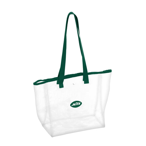 Clear tote bag with New York Jets logo and stadium design, made by Logo Brands, ideal for game day accessories.