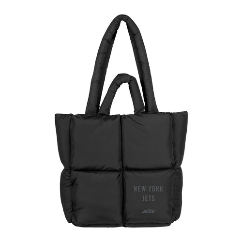 Black puff tote bag featuring New York Jets logo and branding, made by Logo Brands, ideal for sports fans and everyday use.