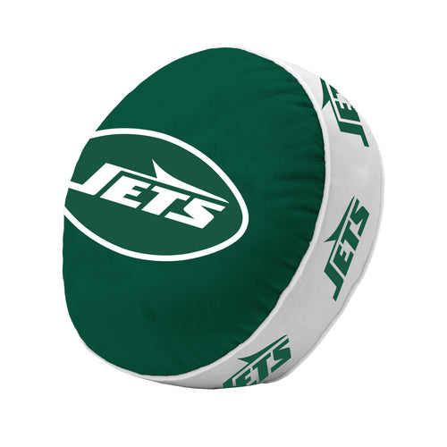 New York Jets puff pillow featuring team logo, soft fabric, and plush design, perfect for fan decor and comfortable seating.