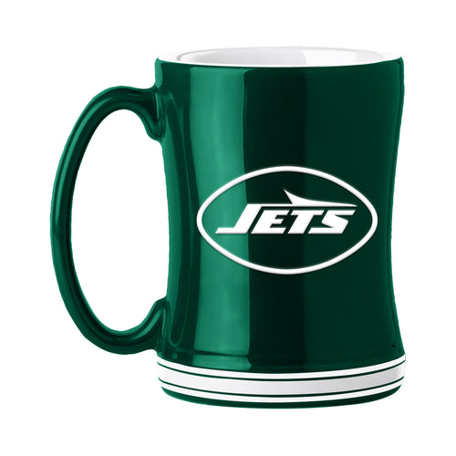 New York Jets 14oz Relief Mug featuring team logo and raised design, perfect for Jets fans and collectible drinkware.