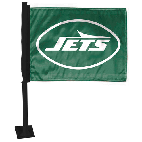 Black NFL New York Jets auto flag by Logo Brands hanging from a car window.