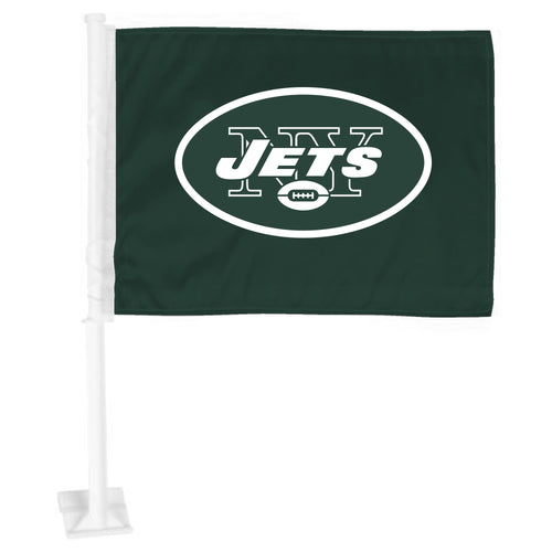 NFL New York Jets car flag by Logo Brands, featuring team logo and colors, attached to a vehicle window or antenna.