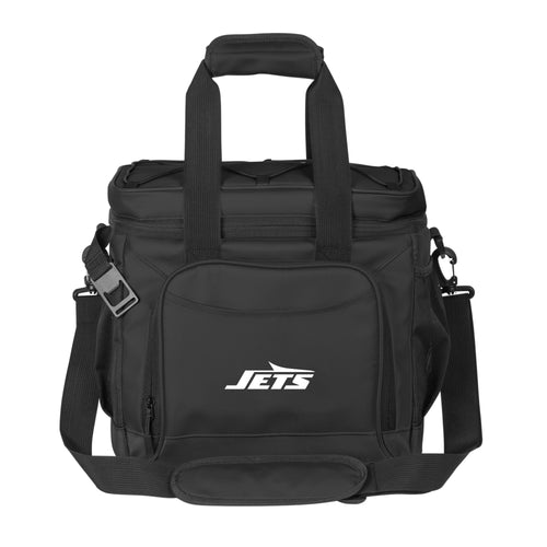 Black New York Jets 24-can flex cooler by Logo Brands, featuring team logo and durable design for outdoor use.