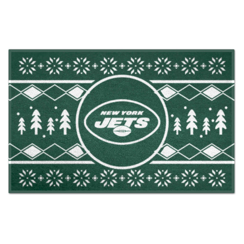 NFL New York Jets holiday sweater starter mat by Logo Brands, featuring festive Jets team graphics and cozy design.