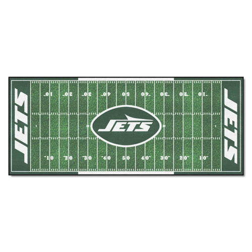 New York Jets football field runner mat by Logo Brands featuring green turf and Jets logo for NFL fans.