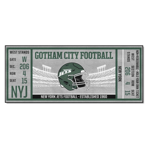 NFL New York Jets ticket runner mat with Jets logo and team colors, perfect for game room or sports fan decor.