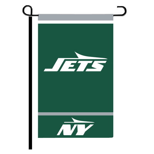New York Jets garden flag 12x18 inches featuring team logo, made by Logo Brands, for outdoor sports fan decor.