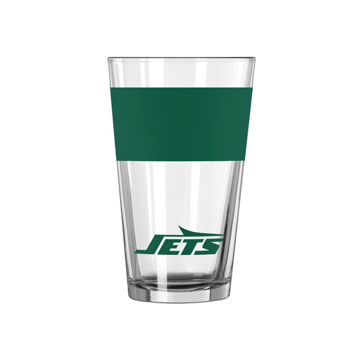 New York Jets 16oz colorblock pint glass featuring Jets logo and vibrant color design, perfect for game day drinkware.