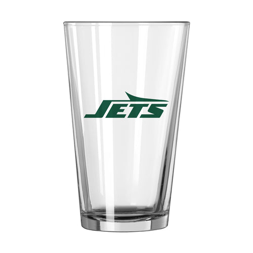 New York Jets 16oz Overtime pint glass with Jets logo and team colors, designed for fans to enjoy their favorite beverages.