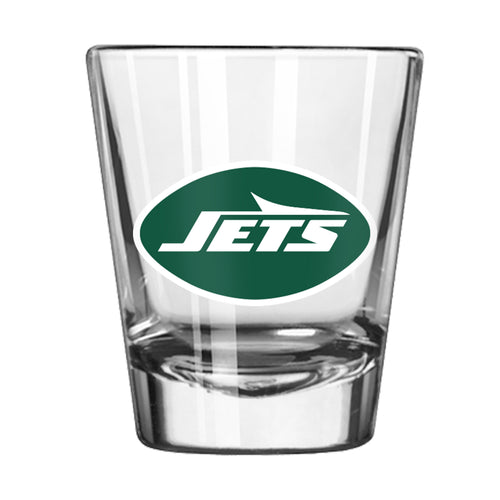 New York Jets 2oz Gameday shot glass, Logo Brands drinkware with Jets logo and team colors.