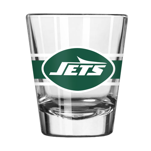 New York Jets 2oz stripe shot glass, Logo Brands drinkware with green and white team colors and Jets logo design.
