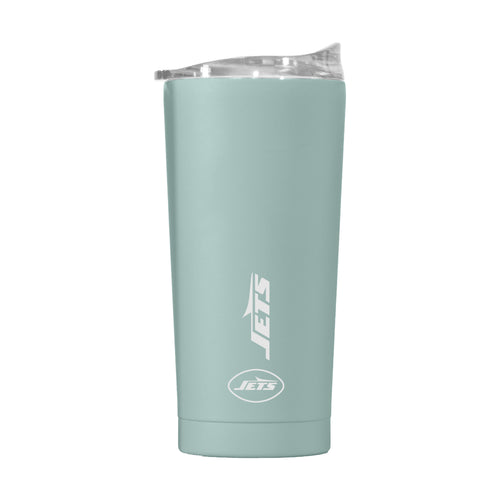 NY Jets 20oz vertical powder coat tumbler showing team logo and vibrant Jets colors, durable drinkware from Logo Brands.