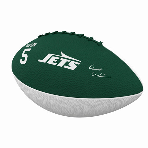 Mini rubber football featuring New York Jets Garrett Wilson player image, ideal for recreational play or display.