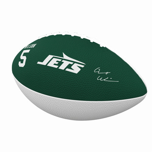 Mini rubber football featuring New York Jets Garrett Wilson logo, ideal for recreation and fan collection.