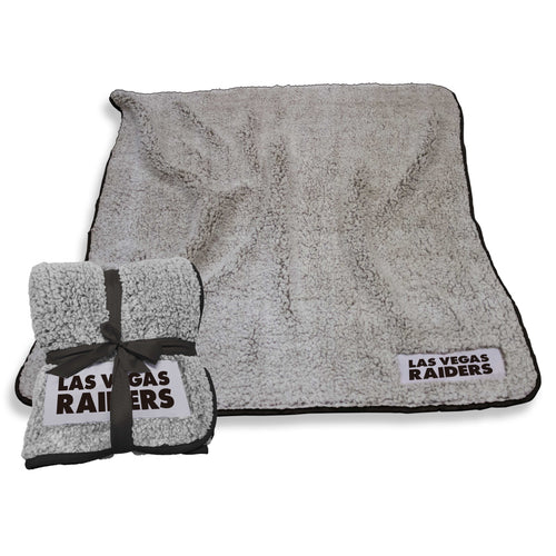 Las Vegas Raiders Frosty Fleece blanket with Raiders logo, soft and cozy fabric, perfect for game day or lounging.