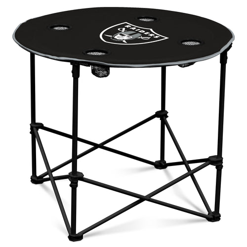 Las Vegas Raiders round table by Logo Brands, featuring team logo and wooden surface, ideal for game rooms or sports fans.