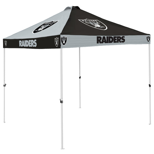Las Vegas Raiders checkerboard canopy shelter by Logo Brands, featuring black and silver checkered pattern and sturdy frame.