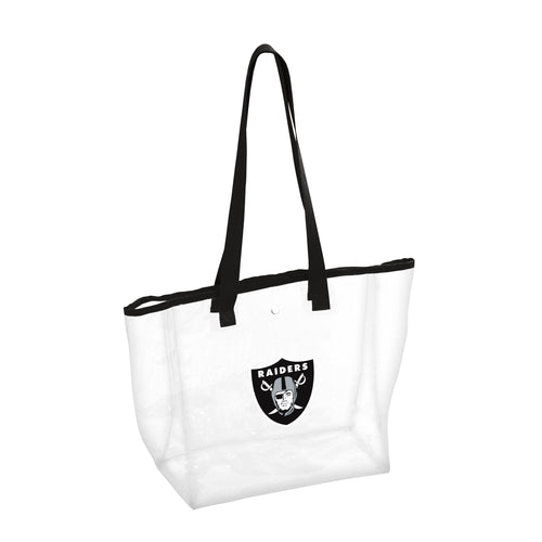 Clear tote bag featuring Las Vegas Raiders logo and stadium design, ideal for sports events and fan merchandise.