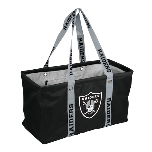 Las Vegas Raiders picnic caddy bag with a durable strap, featuring team logo and compartments for outdoor food and drink.