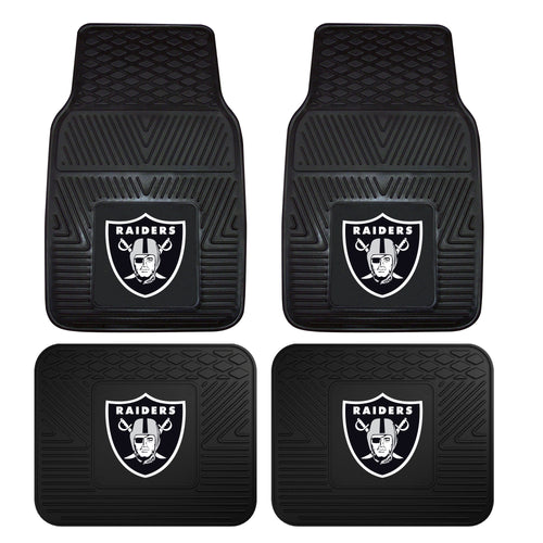 NFL Las Vegas Raiders vinyl car mat set with four auto mats featuring Raiders logos, designed for vehicle interior protection.