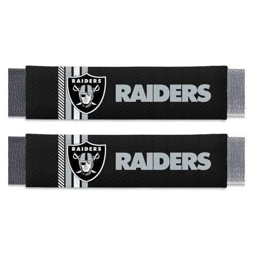 NFL Las Vegas Raiders rally seatbelt pad pair from Logo Brands, padded auto seat belt covers with Raiders logo design.