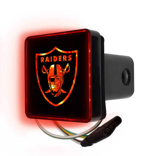 Las Vegas Raiders lighted hitch cover with team logo, designed for vehicle trailer hitch, by Logo Brands.