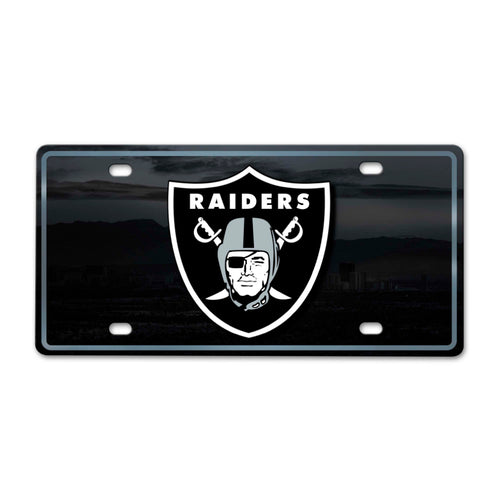 Las Vegas Raiders flat metal license plate featuring NFL team logo and branding, ideal for vehicle or fan display.