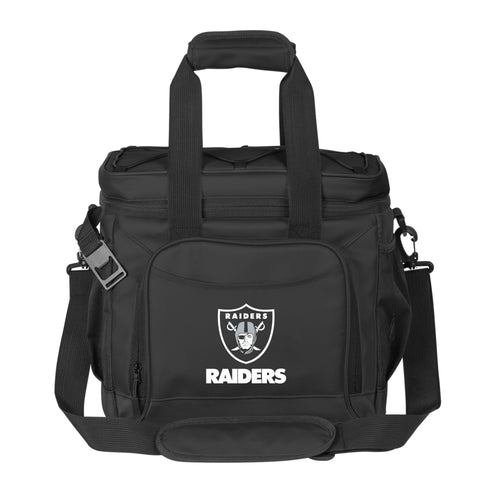 Las Vegas Raiders 24-can flex cooler by Logo Brands, portable soft-sided cooler with team logo and adjustable shoulder strap.