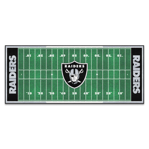 Las Vegas Raiders football field runner mat by Logo Brands featuring a detailed Raiders logo and green field design.