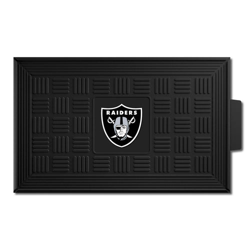Las Vegas Raiders medallion door mat with team logo, made by Logo Brands, featuring bold Raiders branding and durable design.