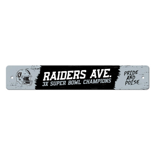 Las Vegas Raiders Mancave street sign by Logo Brands, flat metal sign with Raiders logo and team name for sports fans.