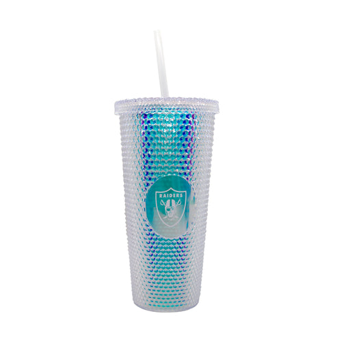 Las Vegas Raiders 24oz iridescent studded tumbler with Raiders logo, durable drinkware for fans and outdoor use.