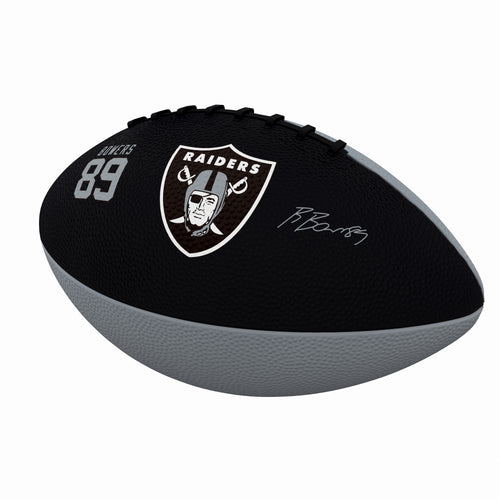 Mini rubber football featuring Las Vegas Raiders and Brock Bowers logo, ideal for recreation and sports fan collection.