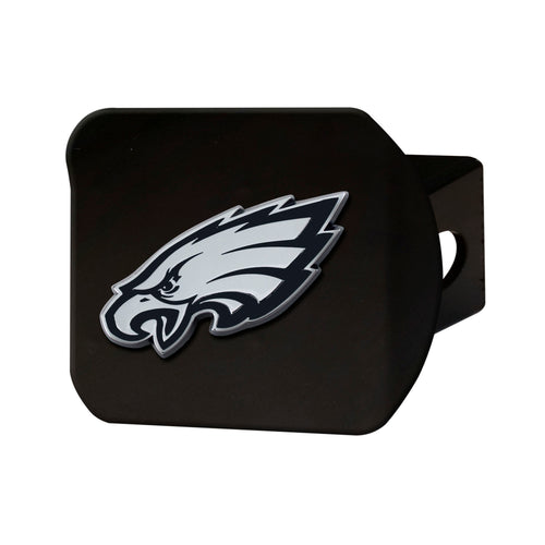 NFL Philadelphia Eagles chrome hitch cover on black background, showcasing team logo and sleek chrome finish.