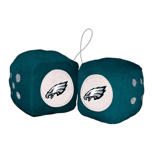 NFL Philadelphia Eagles fuzzy dice for auto decoration, branded by Logo Brands, featuring the Eagles logo and team colors.