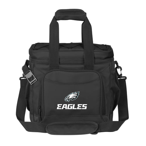 Philadelphia Eagles 24-can flex cooler by Logo Brands with team logo, black exterior, and padded handle for outdoor gatherings.