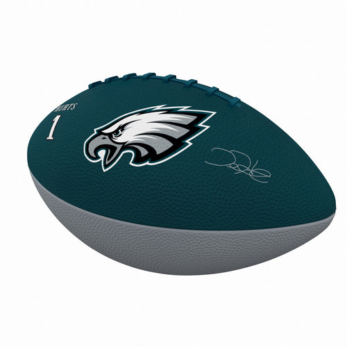 Junior size rubber football featuring Philadelphia Eagles and Jalen Hurts logo, perfect for recreation and young fans.