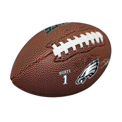 Philadelphia Eagles Jalen Hurts mini composite football for recreation by Logo Brands, featuring team and player branding.