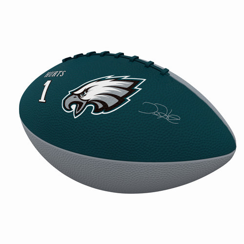 Mini rubber football featuring Philadelphia Eagles and Jalen Hurts, perfect for recreation and fans.