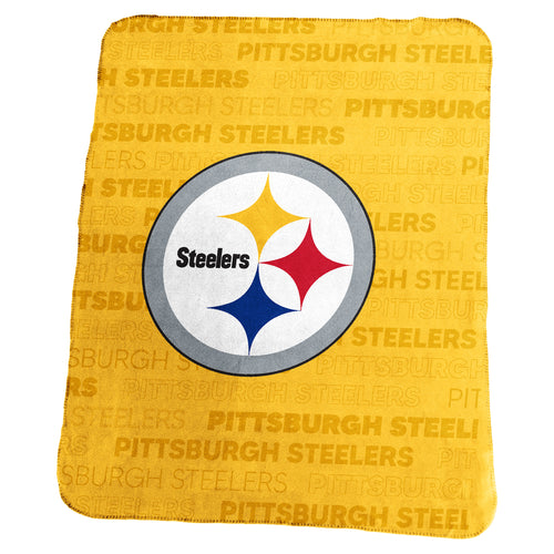 Pittsburgh Steelers classic fleece blanket by Logo Brands, showing a cozy, navy and gold Steelers design on soft fleece fabric.