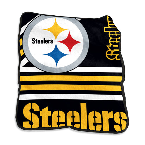 Pittsburgh Steelers Raschel throw blanket by Logo Brands, soft and cozy with team logo and colors, ideal for sports fans.