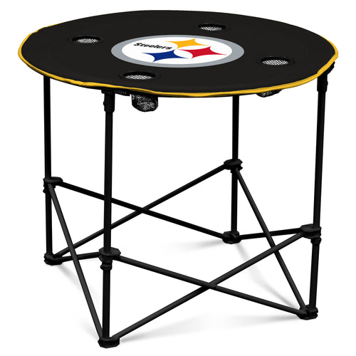 Pittsburgh Steelers round table by Logo Brands, metal furniture with team logo and wooden top, ideal for game rooms or man caves.