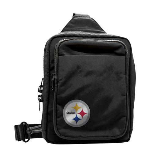 Pittsburgh Steelers Logo Brands Dash Pack bag with team logo, featuring multiple compartments and a black strap for carrying.