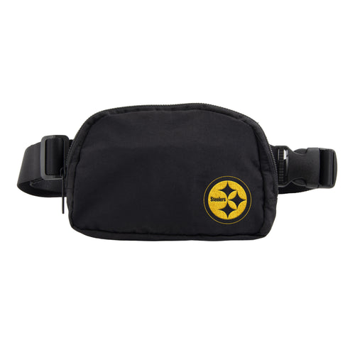 Black Pittsburgh Steelers belt bag by Logo Brands with team logo and adjustable strap, designed for convenient carrying.