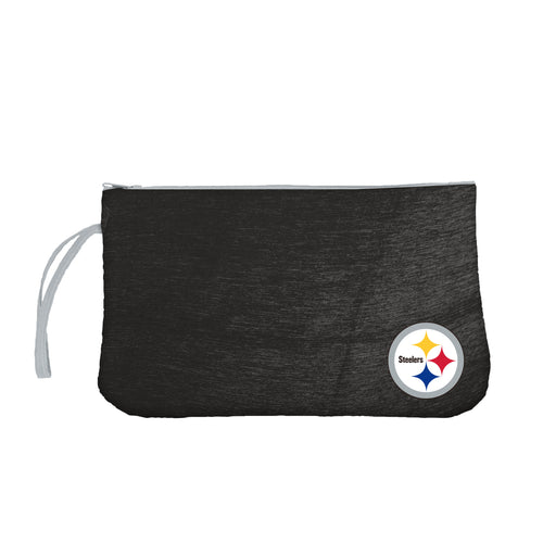 Black Pittsburgh Steelers wristlet bag by Logo Brands, featuring team logo and durable strap, ideal for fans on the go.