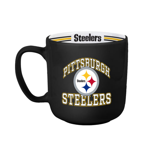 Pittsburgh Steelers 15oz striped mug, logo brands drinkware featuring team colors and Steelers logo on white ceramic.